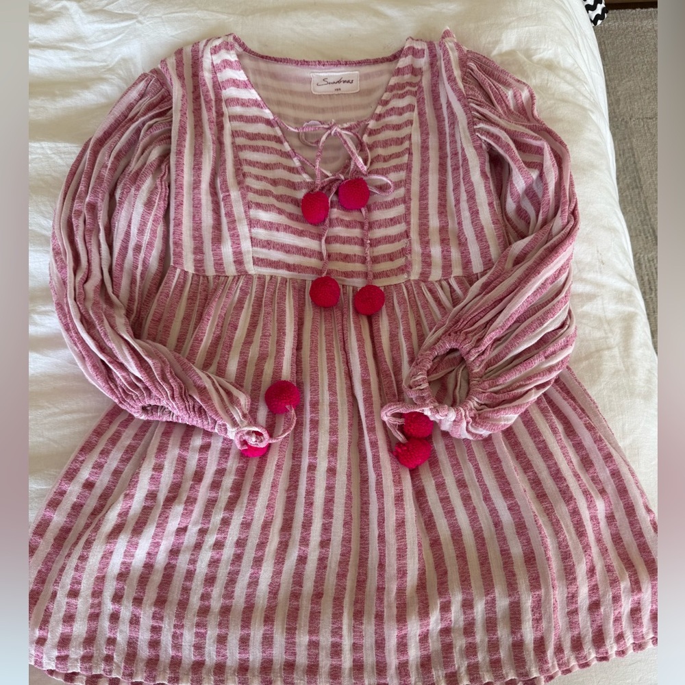 SUNDRESS from Anthropologie Pink and White Striped Dress with Pom Poms XS/S
